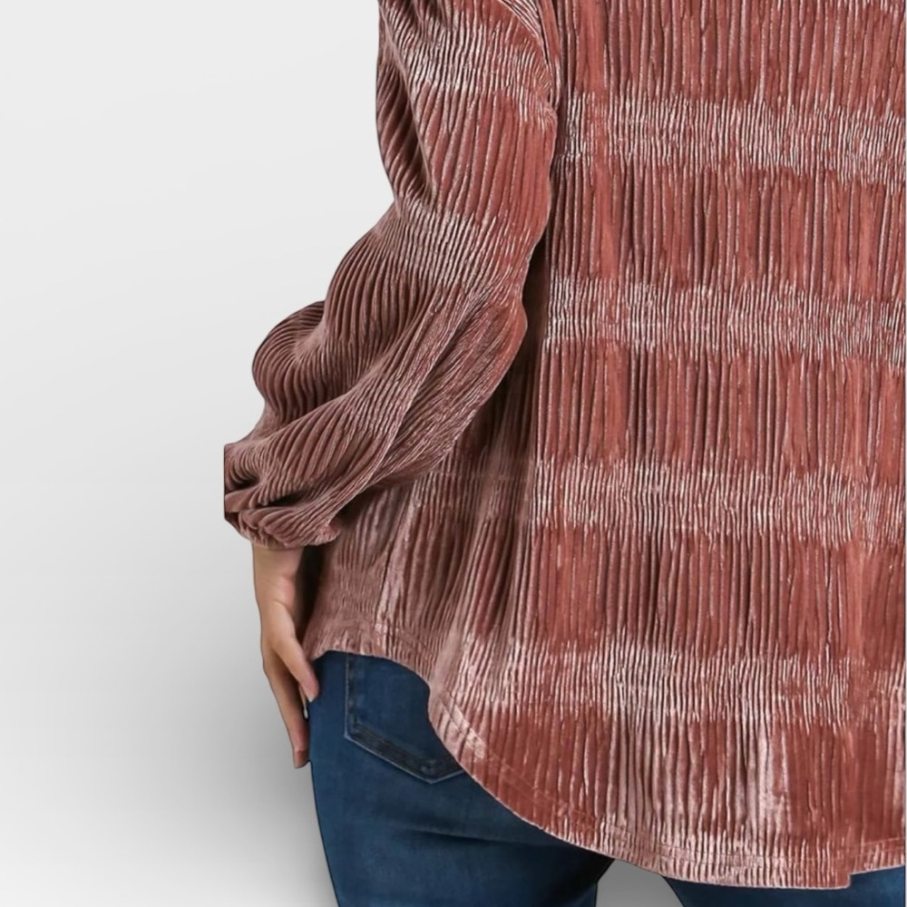 Umgee Velvet Ruched Tiered Button Up Long Sleeve Top Blush Size Medium - Picture 2 of 12